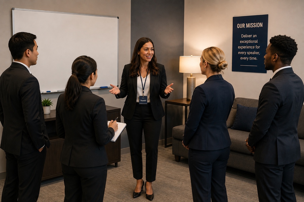 Training session: staff being briefed before doors open