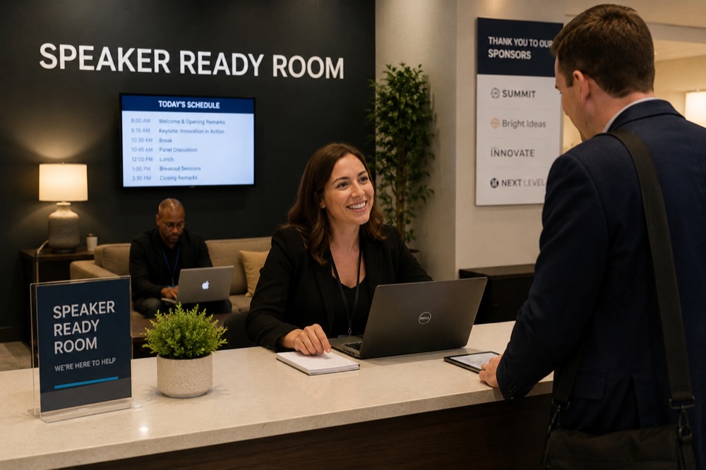 Staff at a speaker ready room desk, mid-shift