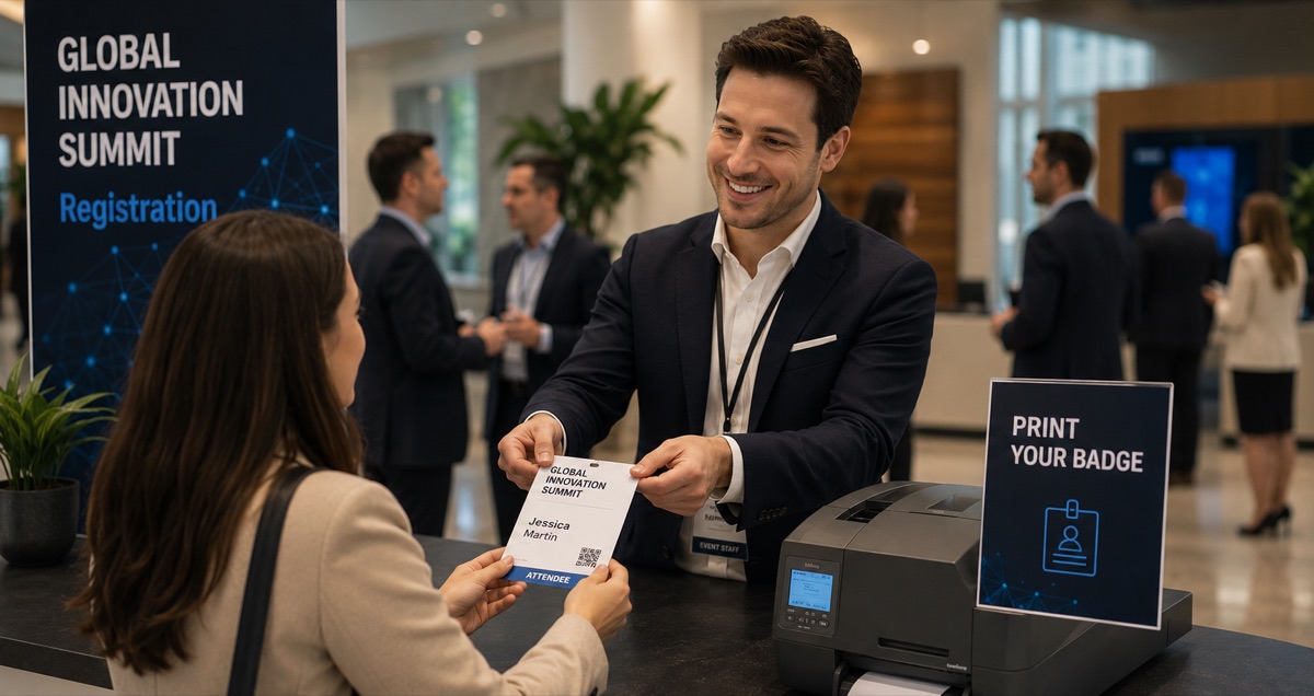 Registration: staffed check-in counters and badge printing